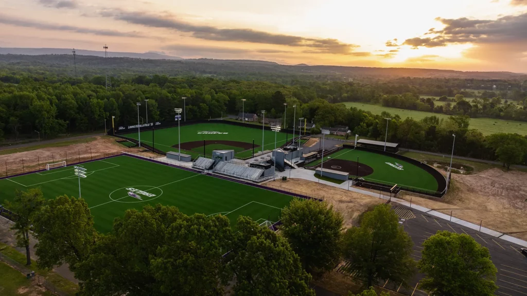 Aerial view at sunset of the University of the Ozarks athletic fields in Clarksville, Arkansas