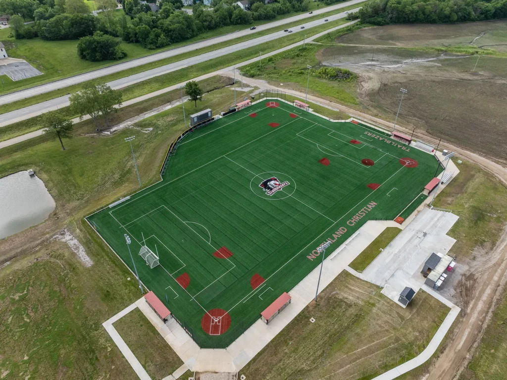Aerial view of the Northland Christian School synthetic turf multi sport field in Kansas City, Missouri