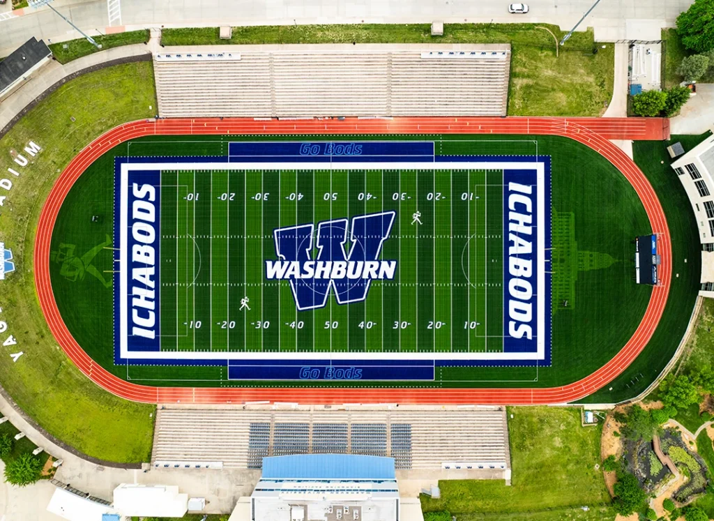 Overhead aerial view of the Washburn University Yager Stadium football field and track from midfield